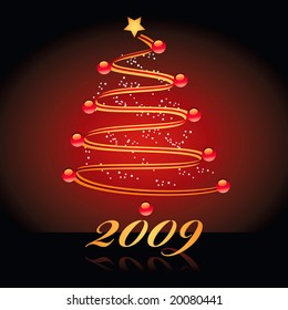 2009 Christmas tree background with stars, baubles and ribbon