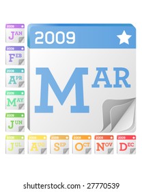 2009 Month Calendar Icons - Each month has its own graphics for use on websites, print or desktop applications