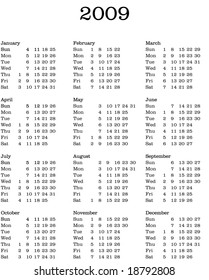 2009 yearly vector portrait calendar (sunday to saturday) in English, clarendon font