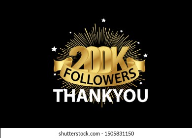 200K, 200.000 Followers anniversary, minimalist logo years, jubilee, greeting card. invitation. Sign Ribbon Gold space vector illustration on black background - Vector