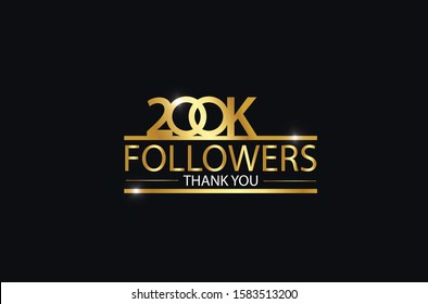 200K, 200.000 Followers celebration logotype with golden and Spark light white color isolated on black background for social media - Vector