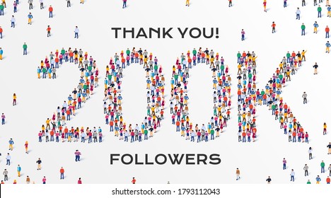 200K Followers. Group of business people are gathered together in the shape of 200000 word, for web page, banner, presentation, social media, Crowd of little people. Teamwork. Vector illustration