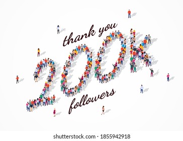 200K Followers. Group of business people are gathered together in the shape of 200000 word, for web page, banner, presentation, social media, Crowd of little people. Teamwork.