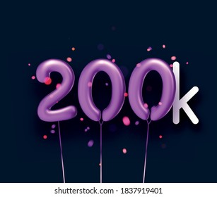 200k sign violet balloons with threads on black background with lights confetti. Vector festive illustration.