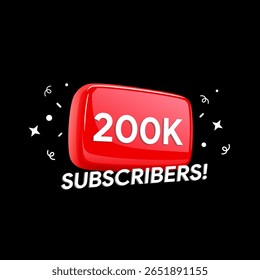 Banner 200K Subscribers. Cem mil seguidores. conquista do blog. Marco do vídeo vlog. Crachá de status do criador de conteúdo. Design de ilustração vetorial.