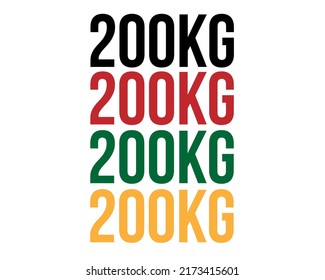 200 kg de texto. Vector con valor en kilogramos negro, rojo, verde y naranja sobre fondo blanco.