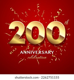 200th Anniversary Celebration. logo design with golden numbers and text for birthday celebration event, invitation, wedding, greeting card, banner, poster, flyer, brochure. Logo Vector Template