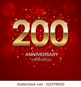 200th Anniversary. Golden number 200 with sparkling confetti and glitters for celebration events, weddings, invitations and greeting cards. Realistic 3d sign. Vector festive illustration