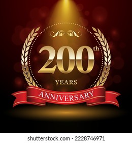 200th Anniversary. Anniversary logo design with Laurel wreath and red ribbon for celebration event, wedding, invitation, greeting card. Vector illustration