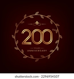 200th anniversary logo with golden number for celebration event, invitation, wedding, greeting card, banner, poster, flyer, book cover. Vector design