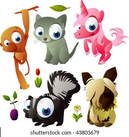 2010 Animal Set: Monkey, Kitten, Unicorn, Dog, Skunk