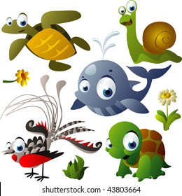 2010 animal set: turtle, tortoise, whale, snail, lyrebird