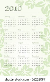 2010 Calendar with leaves and green tones