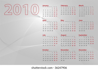 2010 calendar on abstract background with lines and waves, silver tones
