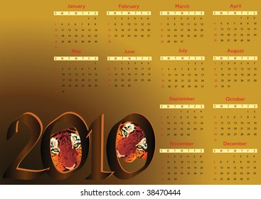 2010 calendar with tigers. Horizontal orientation. Starts Sunday