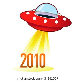 2010 calendar year icon on retro flying saucer UFO with light beam.  Suitable for use on the web, in print, and on promotional materials.