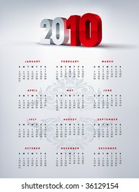 2010 english calendar in US letter. Vector.