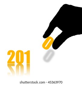 2010 Isolated on White Background, with Hand Holding the Number 0