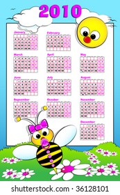 2010 Kid calendar landscape with a baby girl bee and daisies - Cartoon style