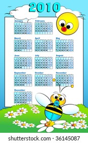 2010 Kid calendar landscape with a baby boy bee and daisies - Cartoon style