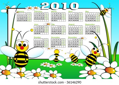 2010 Kid calendar landscape with bees and daisies - Cartoon style