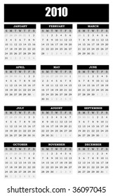 2010 year calendar vector template in grayscale.
