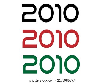 2010 year. Year set for comemoration in black, red and green. Vetor with background white.