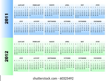 2011 and 2012 colorful vector calendars, weeks start from Monday