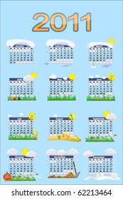 2011 calendar with cartoon illustrations - week starts on sunday