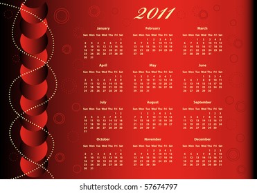 2011 Calendar full year on a red background decorated with balls and beads. Raster also available.
