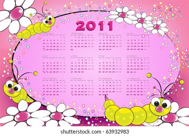 2011 calendar with grubs and flowers, kids illustration on pink background