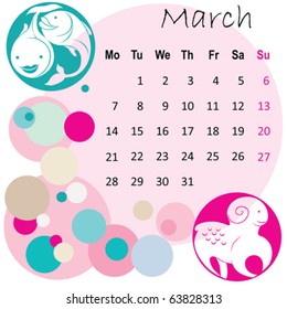 2011 calendar march with zodiac signs