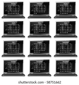 2011 calendar with months shown on laptop screens individually layered