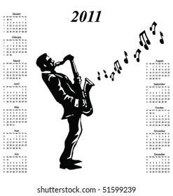 2011 calendar with musician playing the saxophone