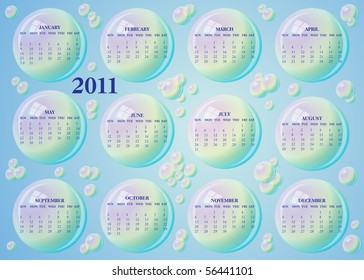 A 2011 calendar on blue background with shiny bubbles, Sunday start. Vector illustration - EPS-10.