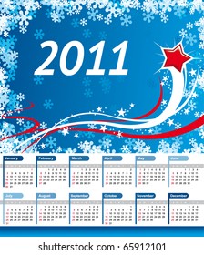 Calendario 2011 con estrella roja, olas y copos de nieve