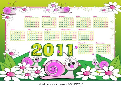 2011 calendar with snails, flowers and leaves. Cartoon illustration style