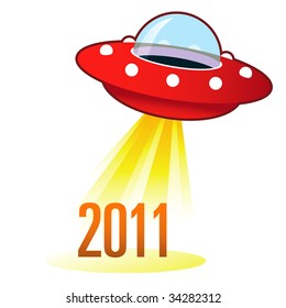 2011 calendar year icon on retro flying saucer UFO with light beam.  Suitable for use on the web, in print, and on promotional materials.