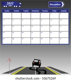 2011 December calendar with car skidding across the road