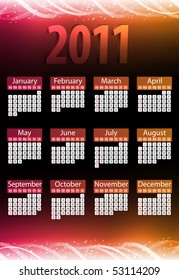2011 Glowing Neon Pink and Orange Calendar. Editable Vector Illustration