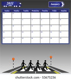 2011 January calendar with 4 men on a crossing