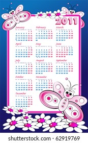 2011 Kid calendar with butterflies and daisies - Cartoon style on blue background