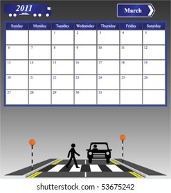 2011 March calendar with Pedestrian on a crossing