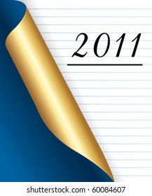 2011 New Year on a notepaper. Blue and golden vector background.