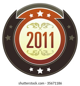2011 year calendar icon on round red and brown imperial vector button with star accents suitable for use on website, in print and promotional materials, and for advertising.