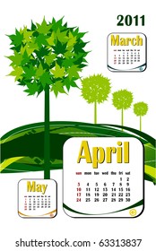 2011 year calendar in vector. April with green tree icon