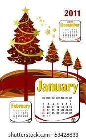 2011 year calendar in vector. January with christmas tree icon