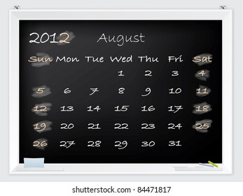 2012 August calendar drawn by hand on a blackboard