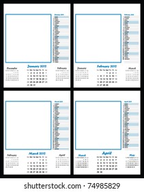 2012 blank calendar template January to April copy space for own text and graphics