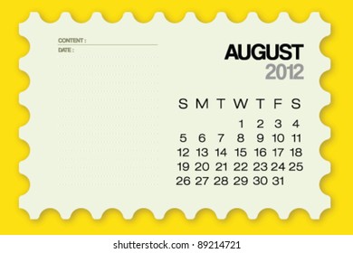 2012 Calendar August Card Vector